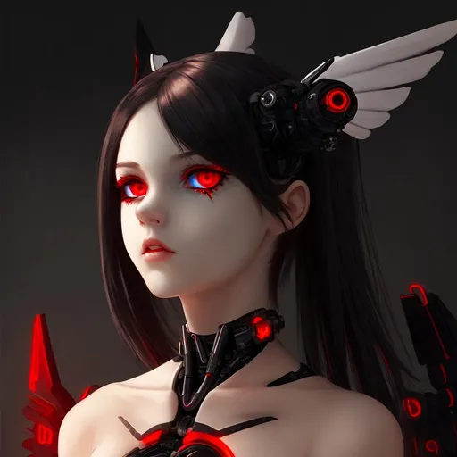 Prompt: cute cyborg girl [beautiful angel with red eyes black wings]