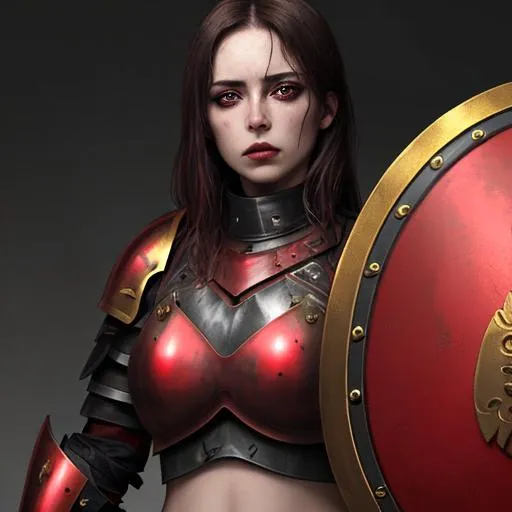 Prompt: submissive, beautiful woman with golden eyes and a bruised face, wearing red and black half-plate armor with an exposed, bruised midriff, holding a shield