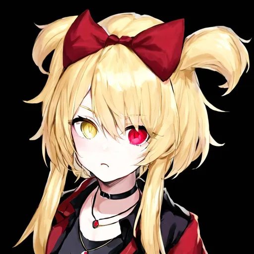 Prompt: Portrait of a cute girl with blonde hair and heterochromia wearing a black shirt, red jacket, necklace, and hair bow 