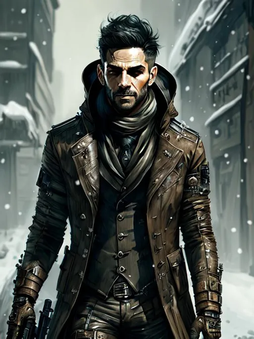 Prompt: Phantom-Hunter Male with detailed eyes, full body, frostpunk background, black steampunk Suit Hoodie snowfall, dystopic,