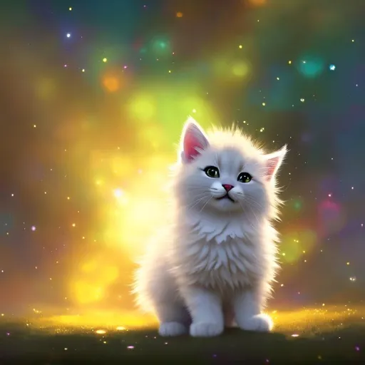 Prompt: Cute, yellow, fluffy, fantasy light kitten, with lighting, yellow eyes, yellow fur, and possessing the element of space and making circles of lighting stripes
 move around in the air in a magical way, in a space background. Perfect features, extremely detailed, realistic. Krenz Cushart + loish +gaston bussiere +craig mullins, j. c. leyendecker +Artgerm.