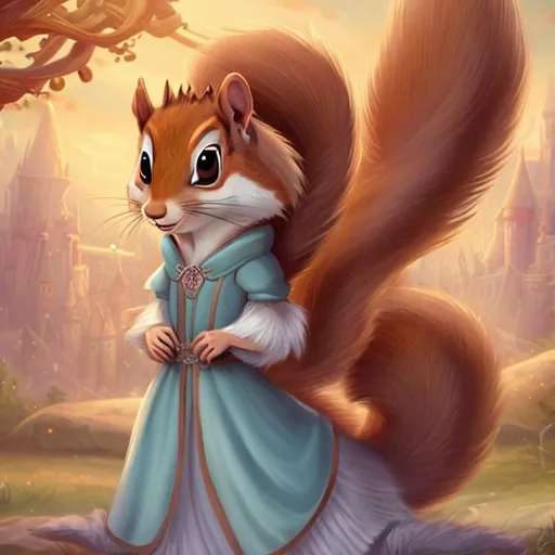 Prompt: An anthropomorphic squirrel with long flowing hair, wearing a princess gown, fantasy illustration