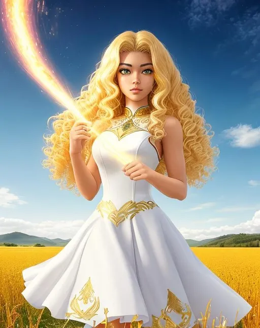 Prompt: A beautiful 15 year old ((Latina)) light elemental with light brown skin and a beautiful face. She has curly yellow hair and yellow eyebrows. She wears a beautiful white dress with gold. She has brightly glowing yellow eyes and white pupils. She wears a gold tiara. She has a yellow aura around her. She is standing in a beautiful open field. Beautiful scene art. Scenic view. Full body art. {{{{high quality art}}}} ((goddess)). Illustration. Concept art. Symmetrical face. Digital. Perfectly drawn. A cool background. Five fingers