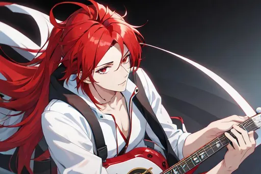 Zerif 1male Red sideswept hair covering his right eye playing his guitar 8K UHD best quality h