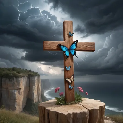 Prompt: Beautiful butterfly's on wooden cross,beautiful stormy sky,realistic,overlooking large cliff,smooth edges