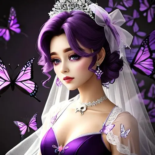 Prompt: Ethereal beauty, purple color scheme, butterflies