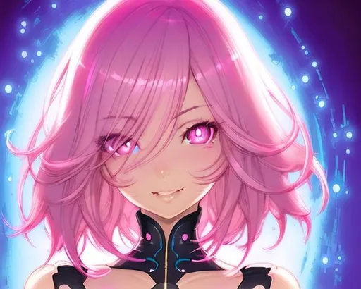 Prompt: Closeup face portrait of a girl with fair skin and voluminous oppai, hot pink eyes, short hair black, smiling
 smooth soft skin, big dreamy eyes, beautiful intricate colored hair, symmetrical, anime wide eyes, soft lighting, detailed face, by makoto shinkai, stanley artgerm lau, wlop, rossdraws, concept art, digital painting, looking into camera