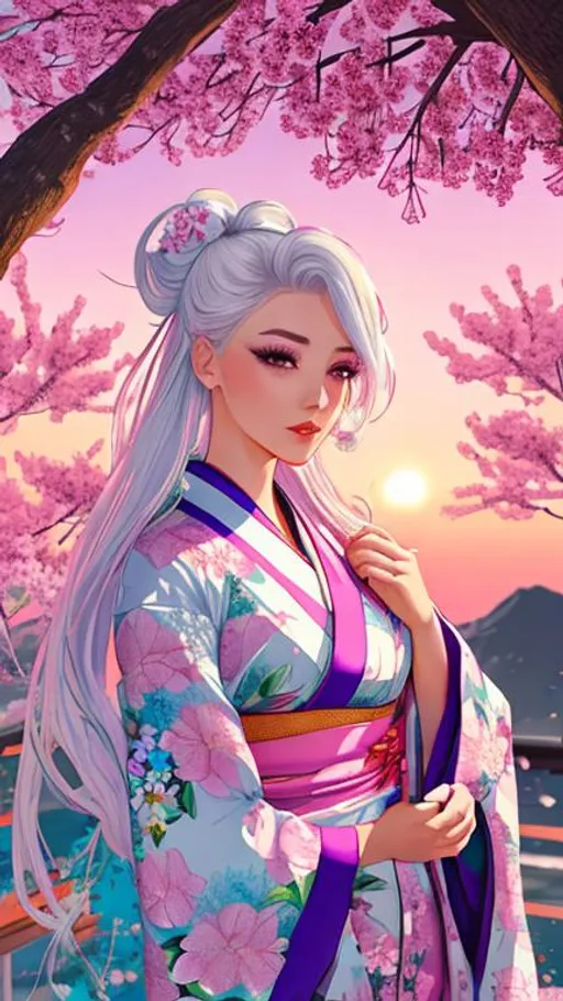 Prompt: nsfw,draw me a beautiful girl wearing a floral kimono looking off at the sunrise. retrowave aesthetic, white hair, colorful, sakura tree, high resolution background,