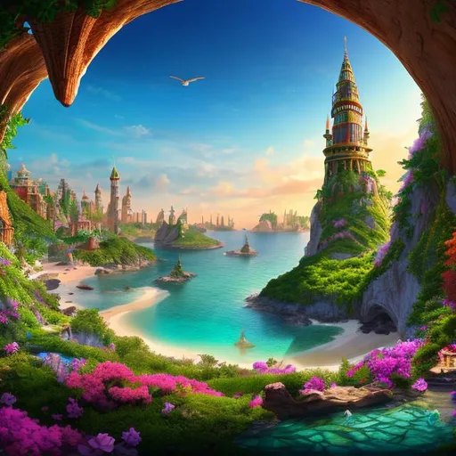 Prompt: Elf city inside a crescent shaped bay, single island in the bay with a beautiful tower rising from it, extremely detailed environment, detailed background, intricate,  natural colors , professionally color graded, photo realism, 8k