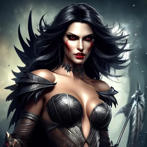 Prompt: HD 4k 3D 8k professional modeling photo hyper realistic beautiful evil twin women ethereal greek goddesses of violent death Keres
dark blue hair dark eyes one with fangs one with claws gorgeous face dark brown skin large black feathered wings full body surrounded by magic  hd landscape background bloody battlefield