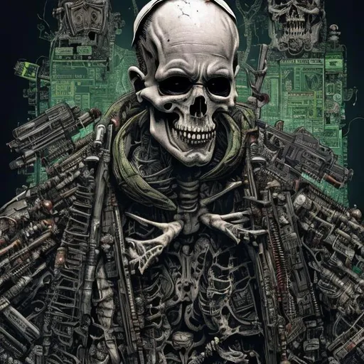 Prompt: The pope as skeleton, Smoking Weed, ak47, color, darkside, super realistic, Full Body, detailism, Cyber Punk, Akira Look,