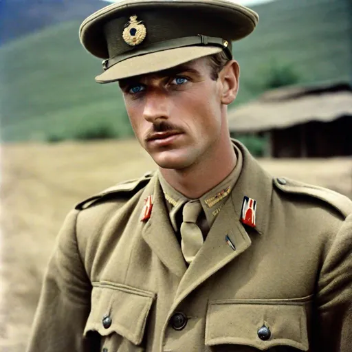 Prompt: (RAW photo), rural tropical, mountains, half body, English man, 30 year old, (1940s, 1940s tropical British Army uniform), (oval face, deep-set blue eyes, cropped blonde hair, long nose, small mustache, firm mouth, pale skin), REALISM, HYPERREALISM, RAW, PHOTO, INTRICATE DETAIL, OCTANE RENDER, 4K, 8K, 16K, 32K, 64K, SHOT 128K COLOR, PORE SKIN, HDR, UHD