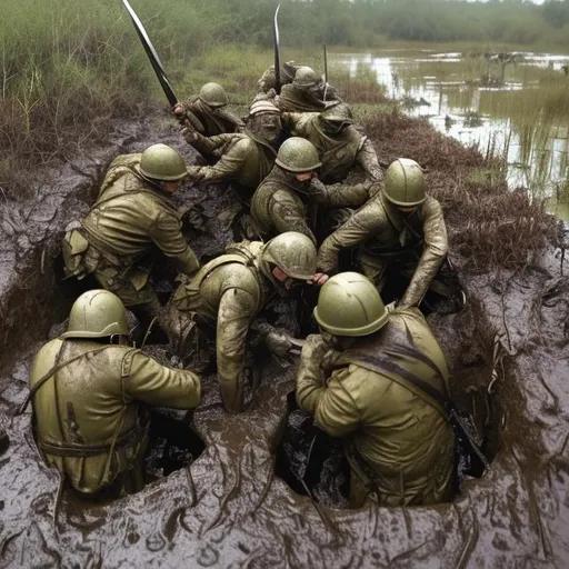 Prompt: trench warfare, swamp, spear battle, charge, mud, rain, dark
