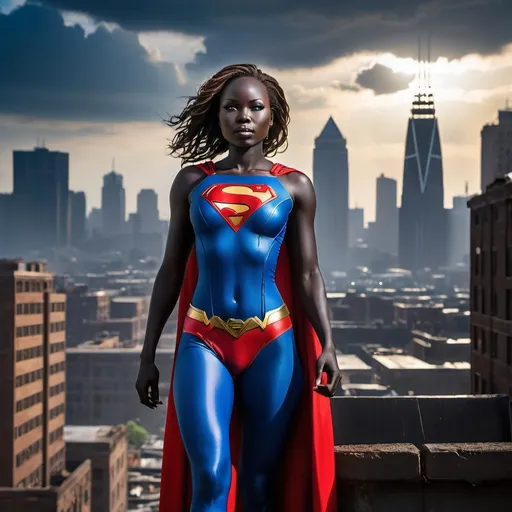 Prompt: (South Sudanese Supergirl), (semi-nudist superhero), soaring through a shadowy Gotham City skyline, vibrant city lights reflecting on her confident stance, dark and gritty emotions enveloping the scene, high contrast shadows amplifying her powerful presence, dynamic poses evidencing her agility, dramatic dark clouds overhead, ultra-detailed, cinematic atmosphere, cityscape filled with towering buildings and dim alleyways, enabling a sense of mystery and strength.