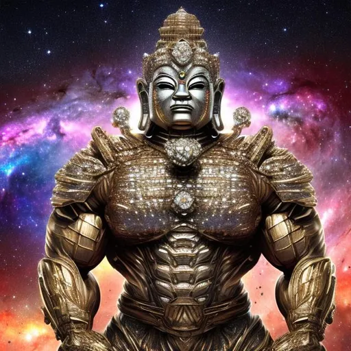 Prompt: diamond armored bodybuilding buddha, widescreen, infinity vanishing point, spiral galaxy nebula background