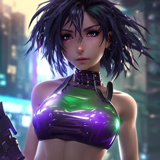 Prompt: 4k high resolution cgi anime cyberpunk style, 18 year old petite Latin female, light purple eyes, dark hair, thick body build, small chest, bare belly and low cut green halter top, 