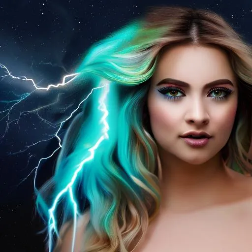 Prompt: oil painting, UHD, 8k, Very detailed, panned out, female lightning elemental with flesh that is bluemade of lightning, visible face she is made of lightning, she has flowing hair lighting coming from it, she wears a turquoise Japanese hanbok, a turquoise cloth across her chest, she hold a hammer which lightning is radiating from it, 