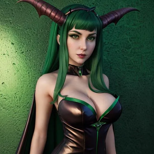 Prompt: 
anime - style image of a woman with horns and green eyes, a character portrait inspired by senior character artist, Artstation contest winner, fantasy art, beautiful succubus, succubus in tight short dress, demon anime girl, succubus | medieval, succubus, shadowverse style, 2. 5 d cgi anime fantasy artwork, goddess of the underworld
