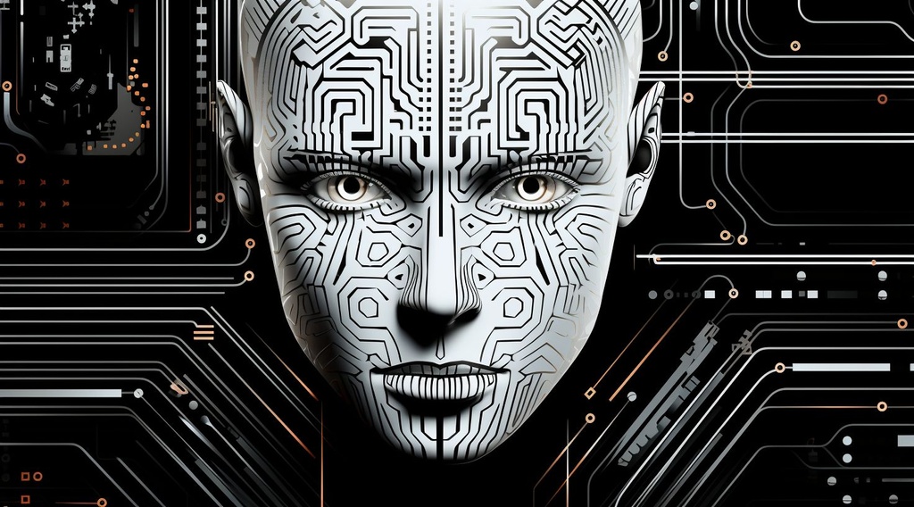 Prompt: a futuristic android face in a circuit concept, in the style of illusory hyperrealism, bold, black lines, neo-academism, scott adams, digital as manual, data visualization