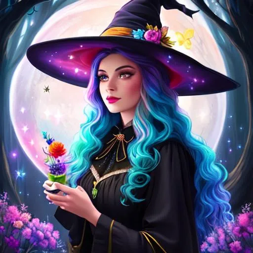 Prompt: a beautiful witch with flowing multicolored hair, Disney style, witch hat, moon, forest, flowers, nighttime, galaxy, soft light, art, painting, sweet, fireflies, pastel, vaporwave