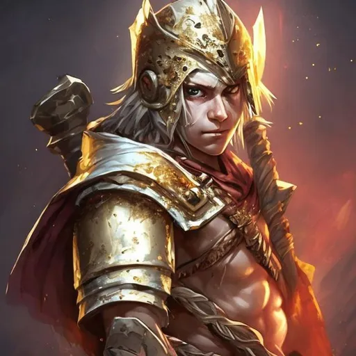Prompt: cute young man gold,  very white scarred skin, covered in bandages, gold tattered cloth armor exposes his midriff, hood of magical mask like,  large gold gem between pecs in chest, Barbarian, Strong, wielding large two-handed great-axe, Fantasy setting,