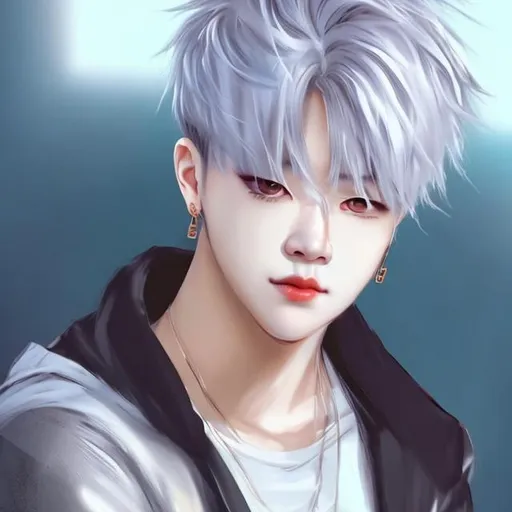 Prompt:  style anime jimin cool guy white hair shy