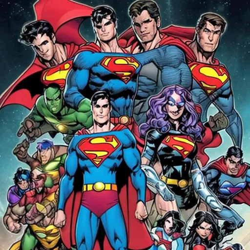 Prompt: Meta verse DC characters and make Superman stand out. He needs to look like perfect standing in front of other meta verse DC characters 