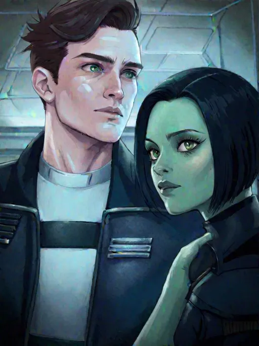 Prompt: An adult man, scifi pilot cyborg. with extremely short slicked back brown pompadour undercut hair with trimmed whiskers, futiristic fully dark entirely jet black leather jacket. well drawn face. green feline eyes, he is hugging A green skinned scifi green female woman with green skin. with short black hair. mandalorian uniform. she has green skin. well drawn green face. detailed. green character, green race, detailed. star wars art. 2d art. 2d, completely matte,