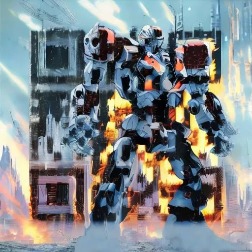 Prompt: masterpiece, best quality, mecha, no humans, black armor, blue eyes, science fiction, fire, laser canon beam, war, conflict, destroyed city background