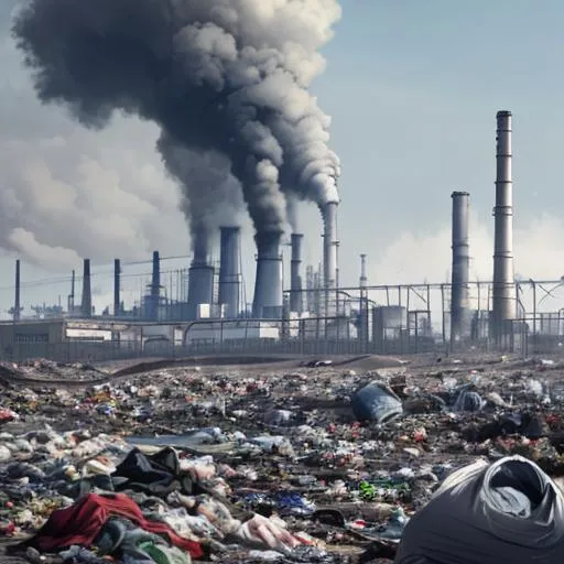 Prompt: The fast fashion industry destroing the planet with a big industrial factory with a lot of chimneys and trash of clothes in the nature nearby drawn in hyperrealistic 4k comicstyle





