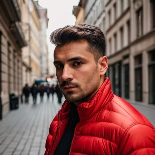 Prompt: hungarian man staring at you, he is wearing a red jacket