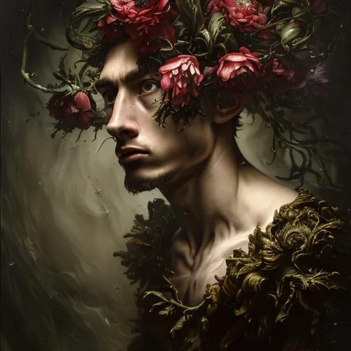 Prompt: Masterpiece Oil Painting, dramatic, Chiaroscuro, with Photo-realistic detail with an ultra realistic, UHD, sharp, focused, 64k resolution. full-body painting of beautiful 19 year old boy, green and black dress clothed, red flowers falling, anatomically perfect, golden ratio, highly detailed and intricate, elegant, intense, mysterious, flowers, bioluminescent, ethereal, luminous, glowing, dark contrast, celestial, ribbons, trails of light, 3D lighting, soft light, vaporware, volumetric lighting,(wearing intricate clothes) golden filigree details and ornamental pauldrons, water aesthetic, hyper-realistic ultra-detailed 