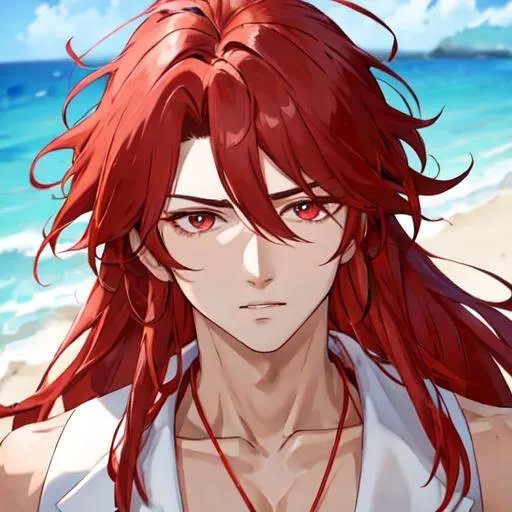 Prompt: Zerif 1male (Red side-swept hair covering his right eye) at the beach, 8k, UHD, highly detailed, insane detail, masculine, wearing tropical attire