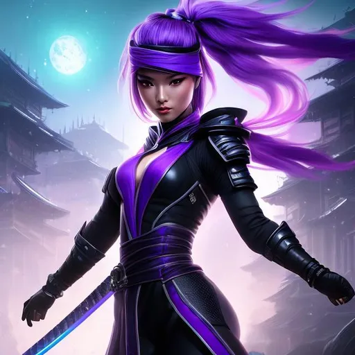 Prompt: create photograph of beautiful female ninja who is wearing bright purple futuristic ninja robes,  night time and beautiful sky  space and planets an nebulae in sky highly detailed, detailed face, extremely detailed environment, extremely detailed background, extremely detailed skin, extremely detailed clothing, natural colors , professionally color graded, photorealism, 8k, realistic, moody lighting, galactic environment, volumetric lighting