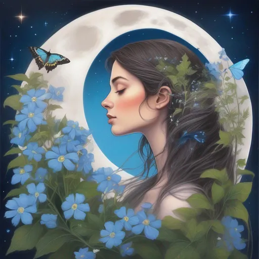 Prompt: A profile beautiful and colourful picture of Persephone with brunette hair and with a Lunar Moon Moth, forget-me-nots, a chickadee bird and plants surrounding her, framed by the moon and constilations