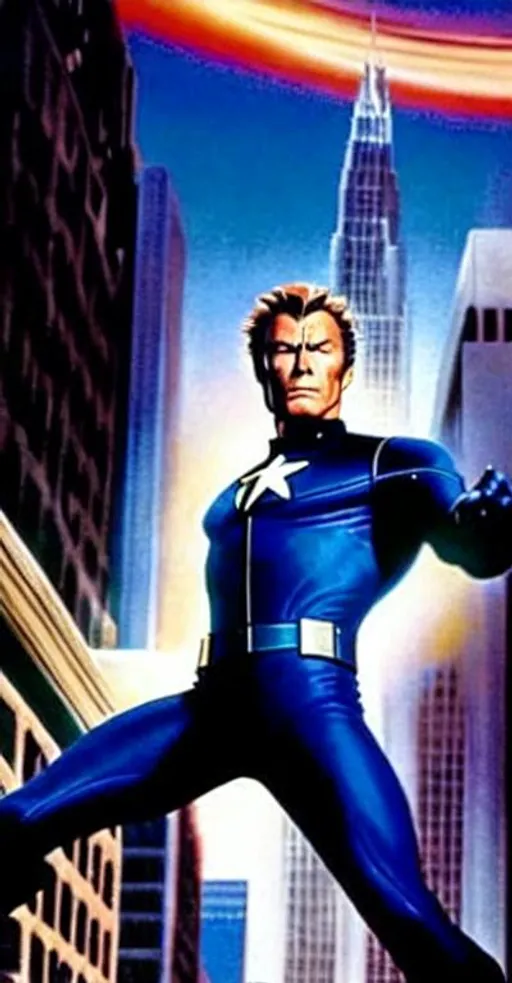 Prompt: Clint Eastwood as Reed Richards mister Fantastic stretching toward the viewer in front of the Baxter Building; by Joe Benitez; by Alex Ross; by Ariel Olivetti; in rich oil color with advanced specularity realistic fur volumetric lighting deep focus and subsurface scattering; rule of thirds; dramatic composition