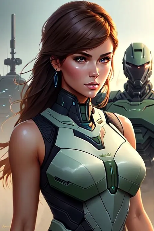 Prompt: Charlbi, sleeveless, light brown hair, tan body, battlefield, ethereal, dark green mech suit, jewelry set, stunning, royal vibe, highly detailed, digital painting, Trending on artstation , HD quality, tan skin,artgerm,  by Ilya Kuvshinov 