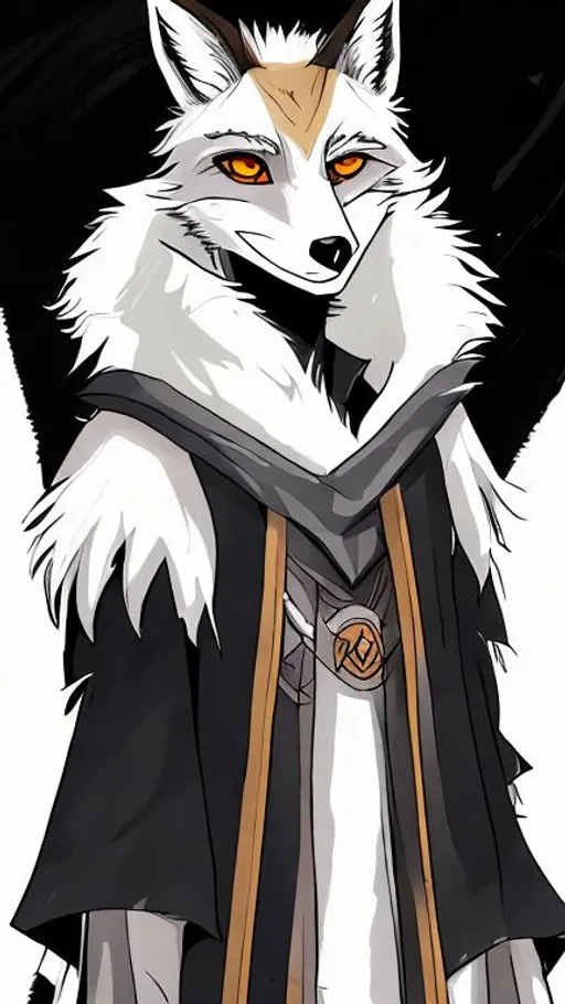 Prompt: An anime style illustration of a white anthropomorphic young,tall,skinny,serious,handsome male fox cub character with black pointy ears dressing medieval druid clothes. Black empty background. 