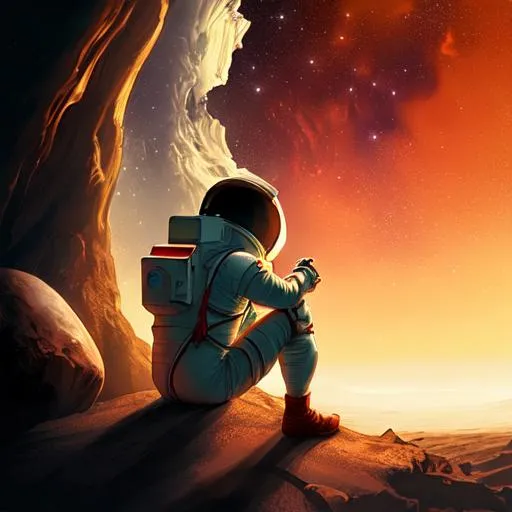 Prompt: Fantasy young astronaut watching Mars and the universe