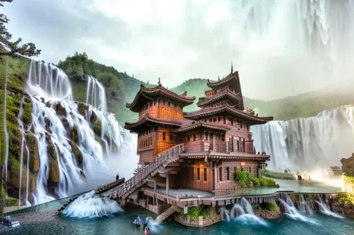 Prompt: Hyper-realistic depiction of a 19th-century wooden structure situated near a waterfall in a mountainous region. The building should be captured with the best quality camera to showcase intricate details of the wooden panels, roof, and surroundings. The lighting should be balanced to emphasize the natural beauty of the waterfalls and the river flowing around the building. The image should be captured from a natural perspective to show the surroundings and highlight the beauty of the wooden structure. The background should be blurry to emphasize the subject, while still showing the natural beauty of the surroundings. The image should showcase intricate details, including the texture of the wood, the water flow, and the surrounding flora and fauna.