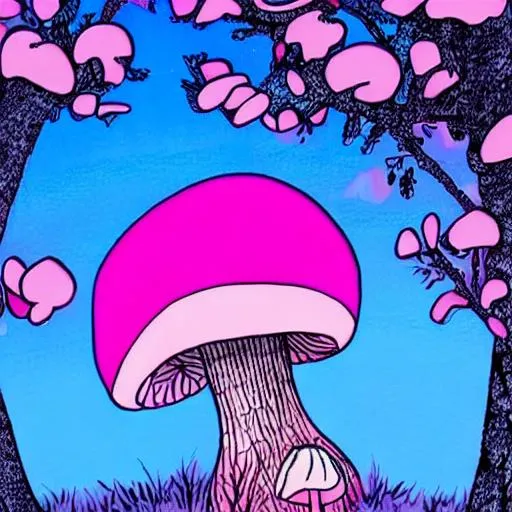 Prompt: Pink mushroom in a blue enchanted forest. Cartoon