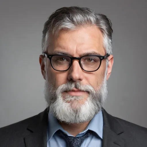 Prompt: business man, handsome, with a gray beard, wearing glasses, serious LinkedIn photo