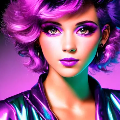 Prompt: neon purple lighting of a girl with very short pink hair , 1980's, disco era, early 80's makeup and hair