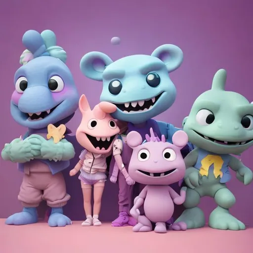 Prompt: Barney and friends, singing, soft smooth lighting, soft pastel colors, skottie young, 3d blender render, polycount, modular constructivisim, pop surrealism, physically based rendering, square image