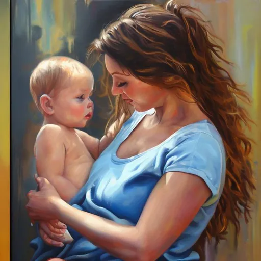 Prompt: woman and baby in oil paint