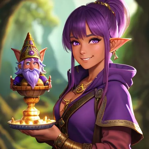 Prompt: oil painting, D&D fantasy, tanned-skinned-gnome girl, tanned-skinned-female, short, beautiful, short bright purple hair, bangs and ponytail hair, smiling, pointed ears, looking at the viewer, Wizard wearing intricate wizard outfit, #3238, UHD, hd , 8k eyes, detailed face, big anime dreamy eyes, 8k eyes, intricate details, insanely detailed, masterpiece, cinematic lighting, 8k, complementary colors, golden ratio, octane render, volumetric lighting, unreal 5, artwork, concept art, cover, top model, light on hair colorful glamourous hyperdetailed medieval city background, intricate hyperdetailed breathtaking colorful glamorous scenic view landscape, ultra-fine details, hyper-focused, deep colors, dramatic lighting, ambient lighting god rays, flowers, garden | by sakimi chan, artgerm, wlop, pixiv, tumblr, instagram, deviantart