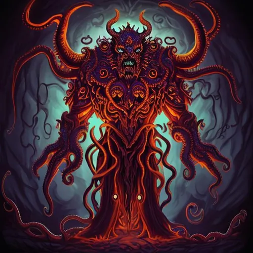 Prompt: lovecraftian style glowing demon king behemoth
