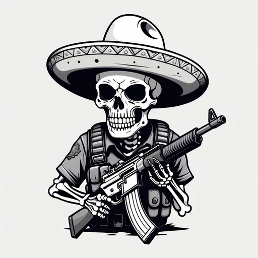 Prompt: Illustrated T-shirt design of skeleton wearing Mexican hat, in tactical gear, holding a rifle, vector, solid white background, simple color palette