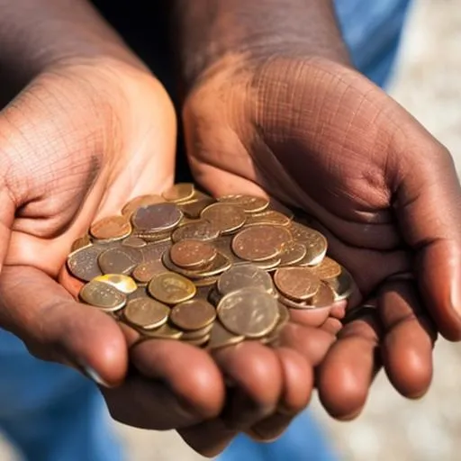 Prompt: 2 African American hands holding a lot of pennies