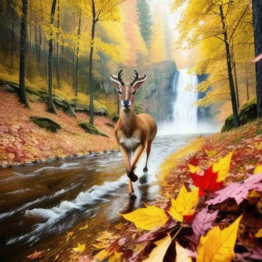 Prompt: long shot super detailed lifelike illustration, intricately detailed, portrait of super beautiful running gazelle, autofocus, dramatic weather, fall, yellow and red Leafs, blir forest{background} trees, motion blir, dramatic rainy day, big and high waterfall.

masterpiece photoghrafic real digatal ultra realistic hyperdetailed 

 cinematic light, movie, high contrast 


volumetric lighting maximalist photo illustration 4k, resolution high res intricately detailed complex,

soft focus, realistic, heroic fantasy art, clean art, professional, colorful, rich deep color, concept art, CGI winning award, UHD, HDR, 8K, RPG, UHD render, HDR render, 3D render cinema 4D